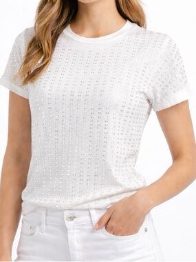 Ontwelfth White Rhinestone Top Short Sleeve Knit Tee Shirt S Chic Glam